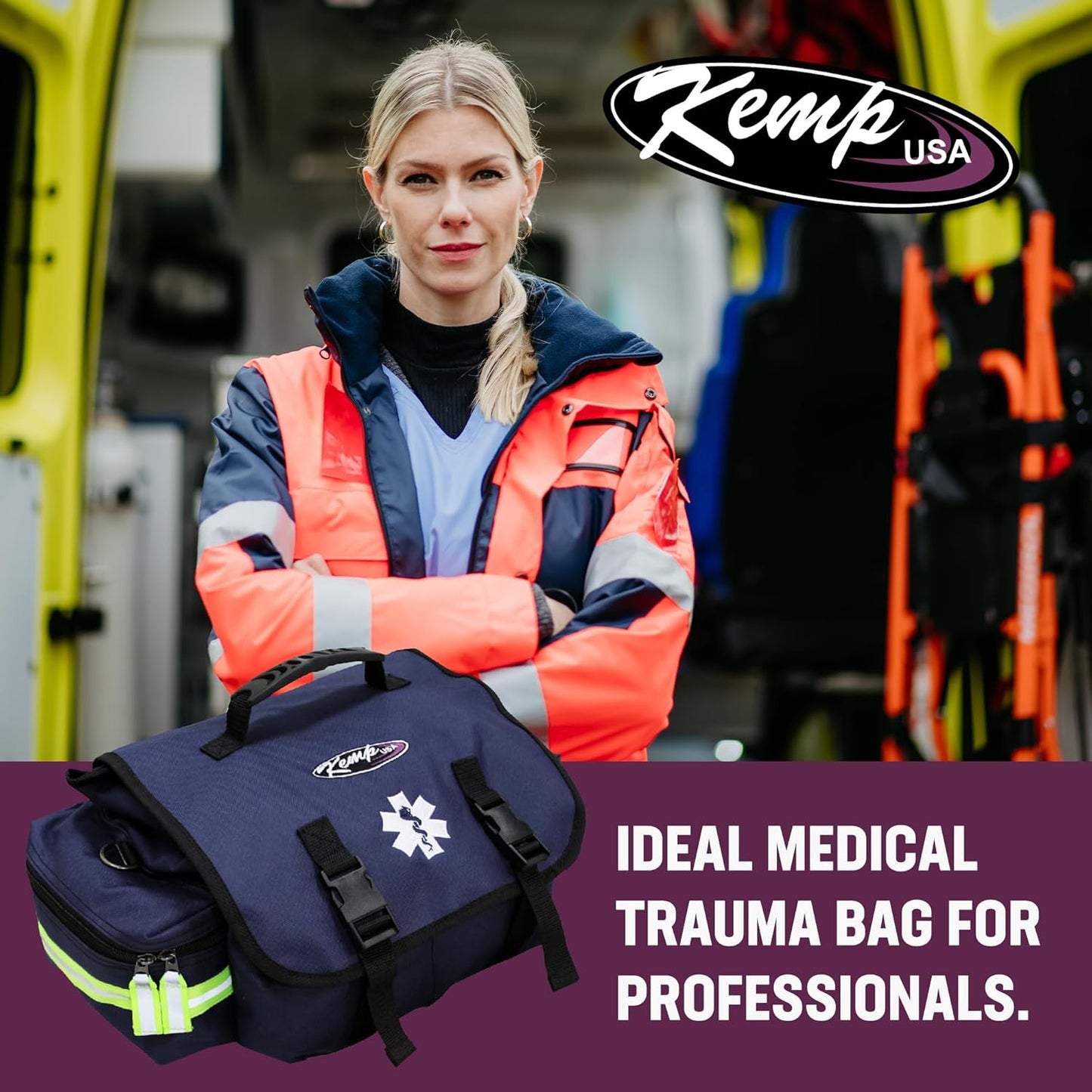 Kemp USA EMT First Responder Trauma Bag, Navy Blue, First Aid & Survival Gear with High-Visibility Reflectors, Rapid Medical Response & Emergency Tools Organizer