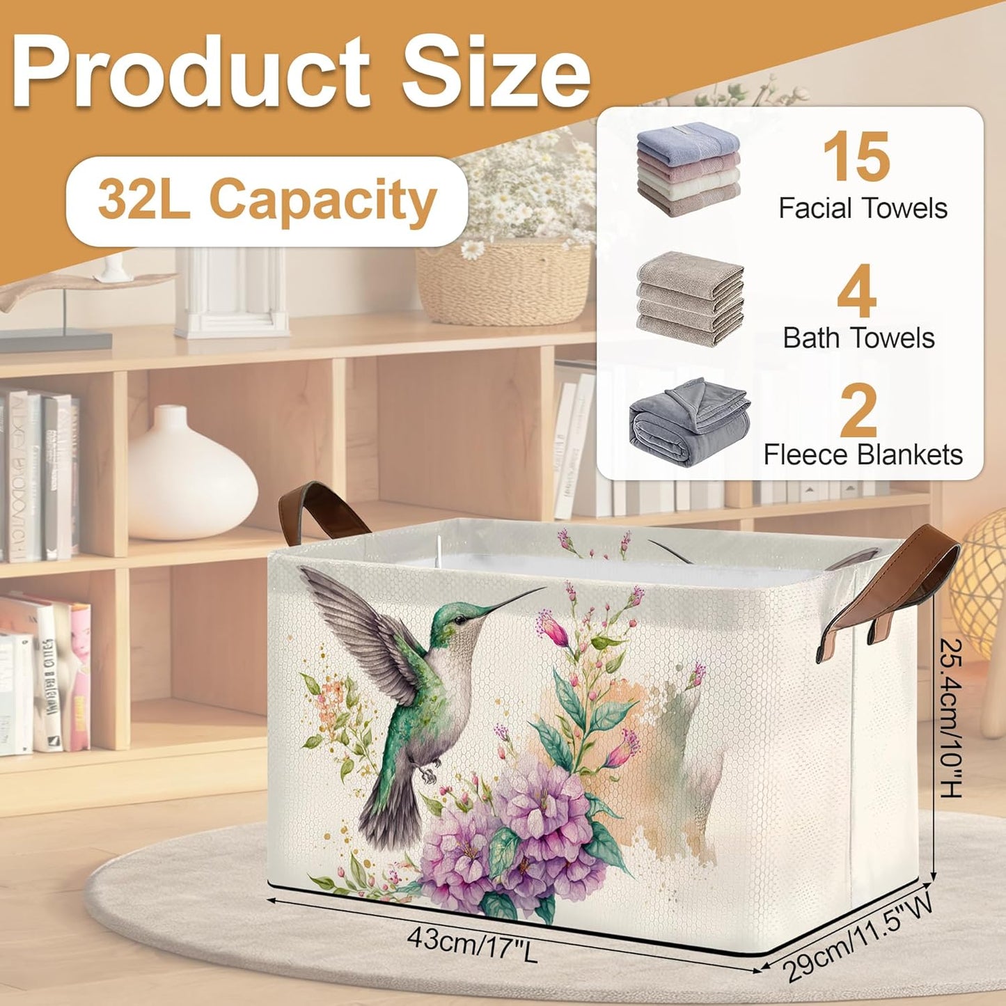 32L Large Storage Bins with Handles, Basket Organizer for Shelves, Closet, Books, Laundry & Home Decor (Hummingbird Flower)