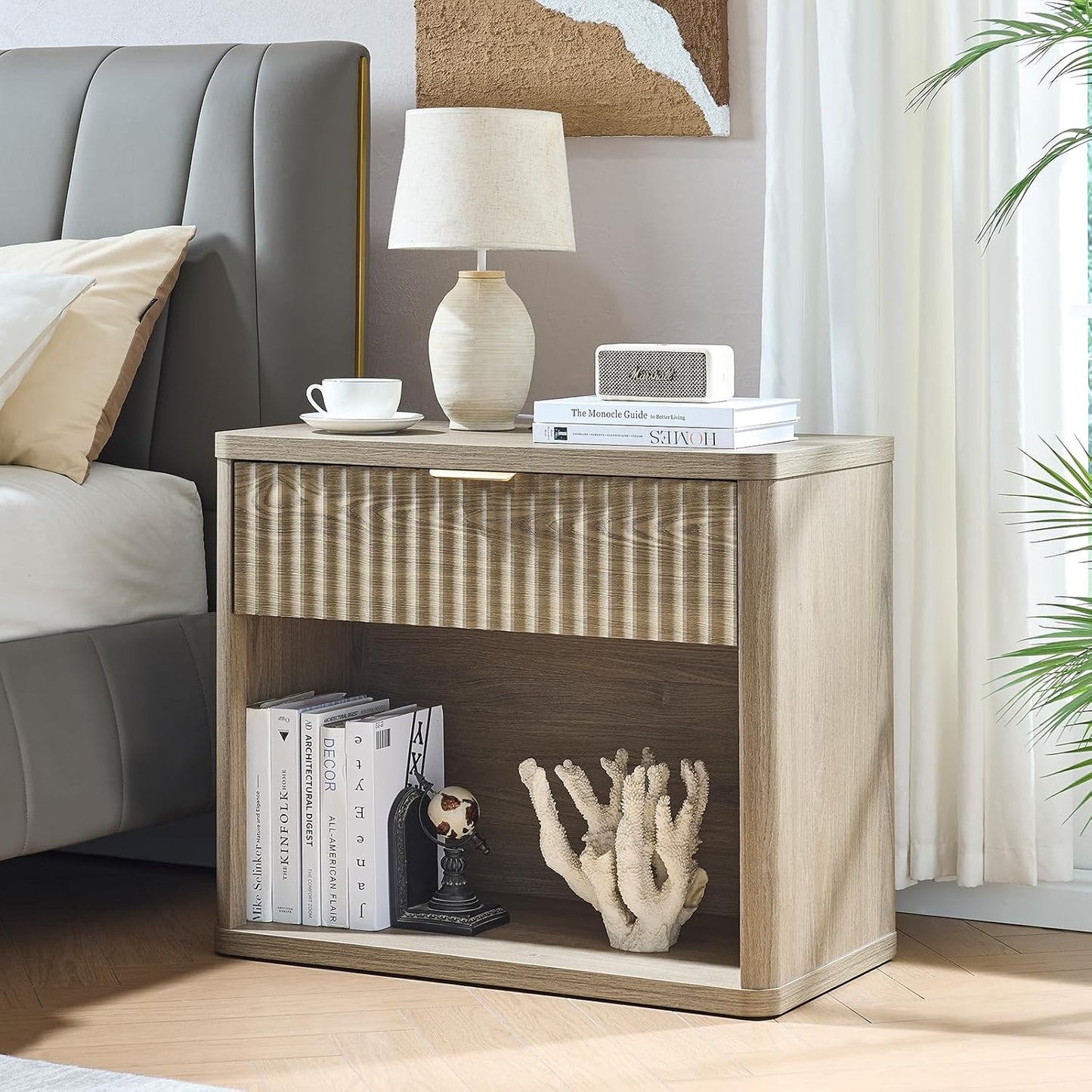 LEYAOYAO 31" Wide Fluted Nightstand with Charging Station, Oversized Extra Large 1 Drawer Night Stand with Golden Handle, Grey Wood Bedside Table Tall End Tables,for Bedroom, Living Room, Hallway