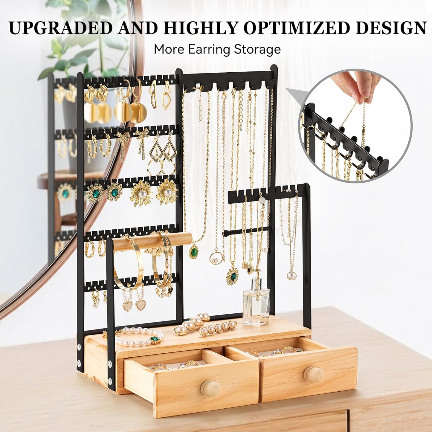 DreamGenius Jewelry Organizer Stand with 2 Velvet Ring Holder Drawers, 5 Tier Jewelry Holder Organizer with 11 Hooks for Necklaces and 145 Holes for Earrings, Black