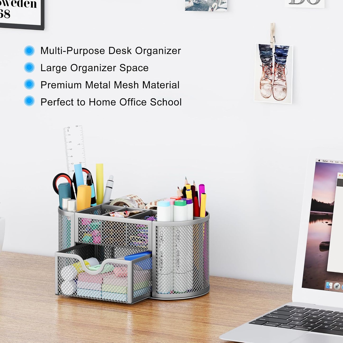 EasyPAG Mesh Pen Holder Desk Organizer with Drawer Stationery Supplies Organizer for Dorm School 9 Compartments Workspace Desk Accessories Organization for Office, Silver