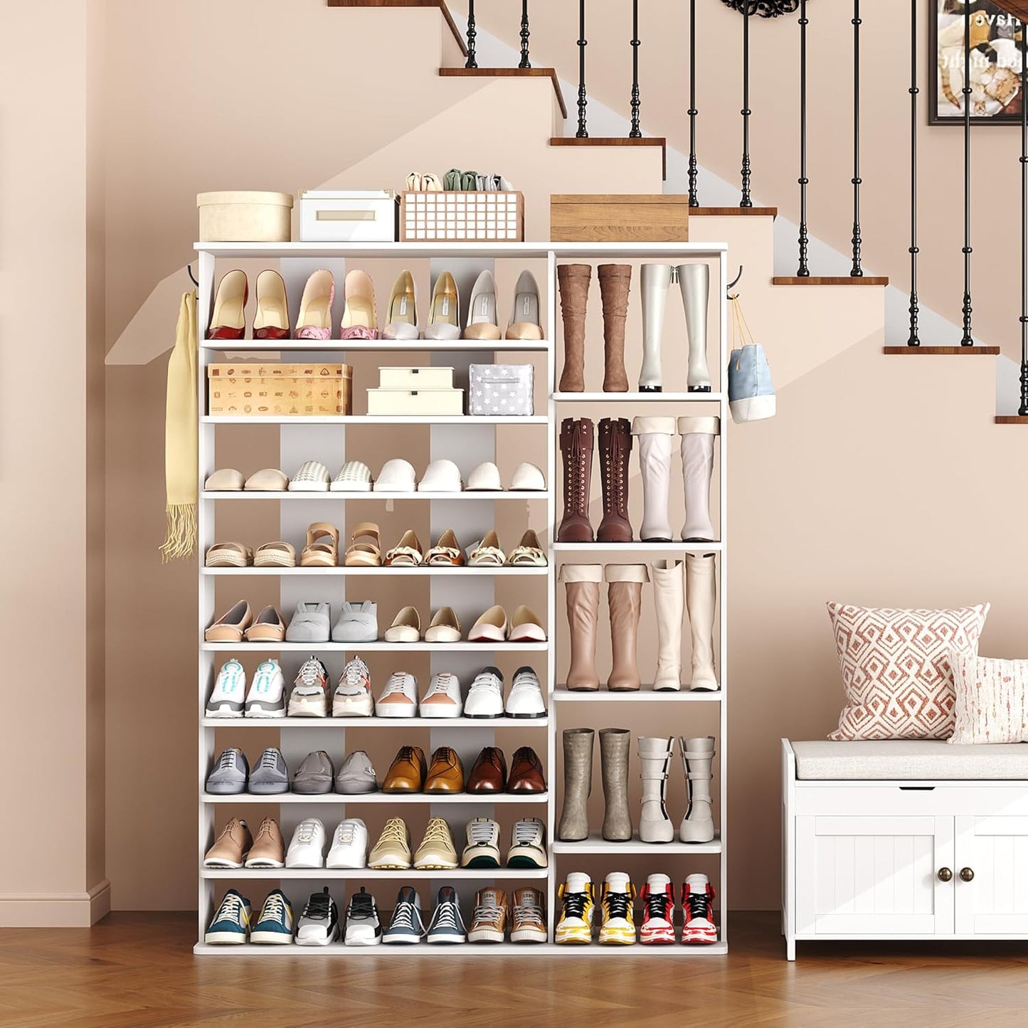 HOMEFORT 10 Tiers Shoe Rack, 50 Pairs Large Shoe Shelf, 61.8" Tall Shoe Tower, Freestanding Shoe Rack Organizer with Open Shelves, Wood Shoe Stand for Boot Storage, for Closet, Entryway, White