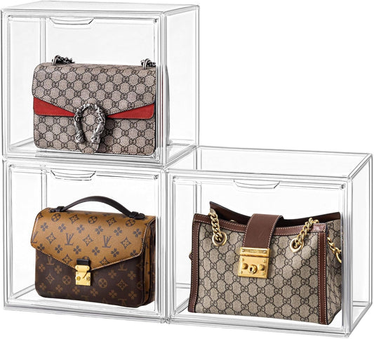 HBlife 3 Pack Purse Storage Organizer for Closet, Medium Clear Stackable Handbag Display Case Box with Magnetic Door for Collectibles, Cosmetics, Women Heels and Toys