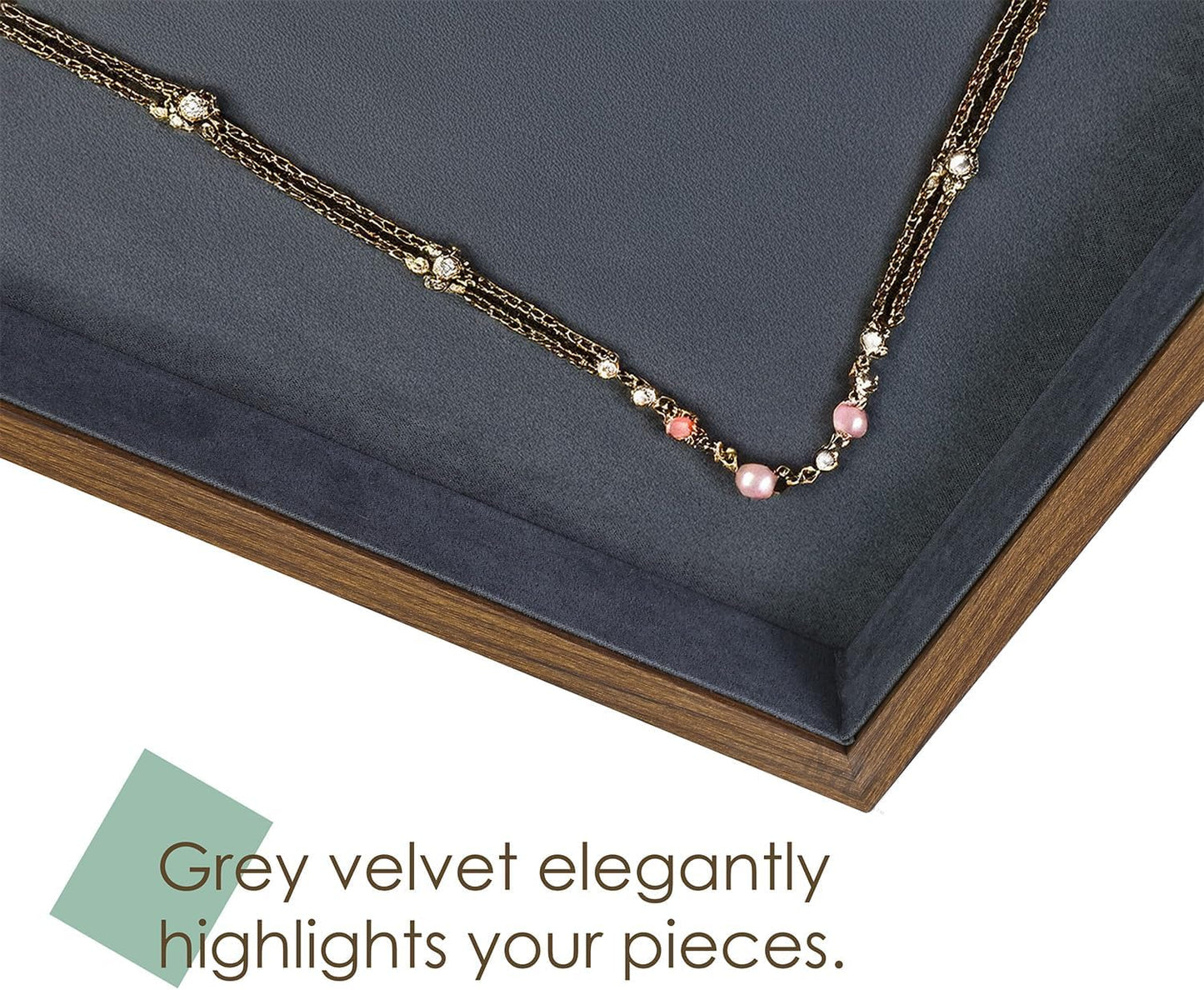 MOOCA 2 Pcs Wooden Jewelry Display Tray, Presentation Tray, Organizer for Rings, Necklaces, Earrings, and Accessories, Walnut Color with Grey Suede, 14" W x 9.6" D x 1.2" H