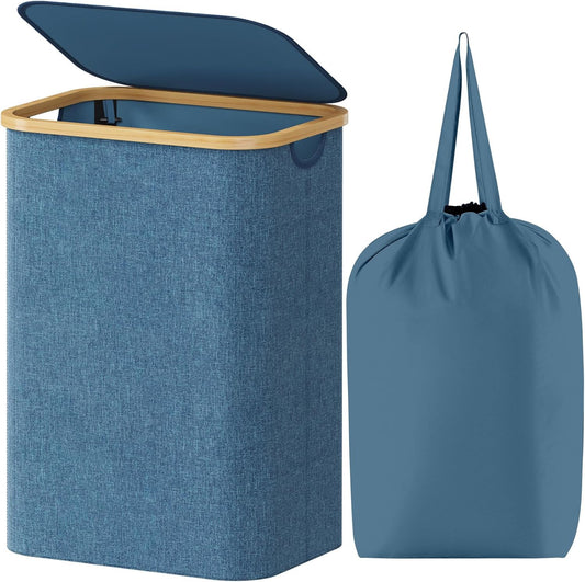 Lifewit 80L Laundry Basket with Lid, Clothes Hampers with Bamboo Handles and A Removable Laundry Bag, Large Foldable Hamper for Bedroom, Bathroom, Dorm, LaundryRoom, Dark Blue