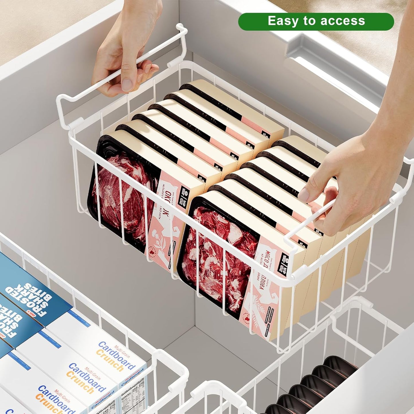 Freezer Organizer Bins -8 Pack Stackable Chest Freezer Organizer Baskets With Tag, For Kitchen, Cabinets, Cupboards, Counter Top, Freezer, Pantry. White