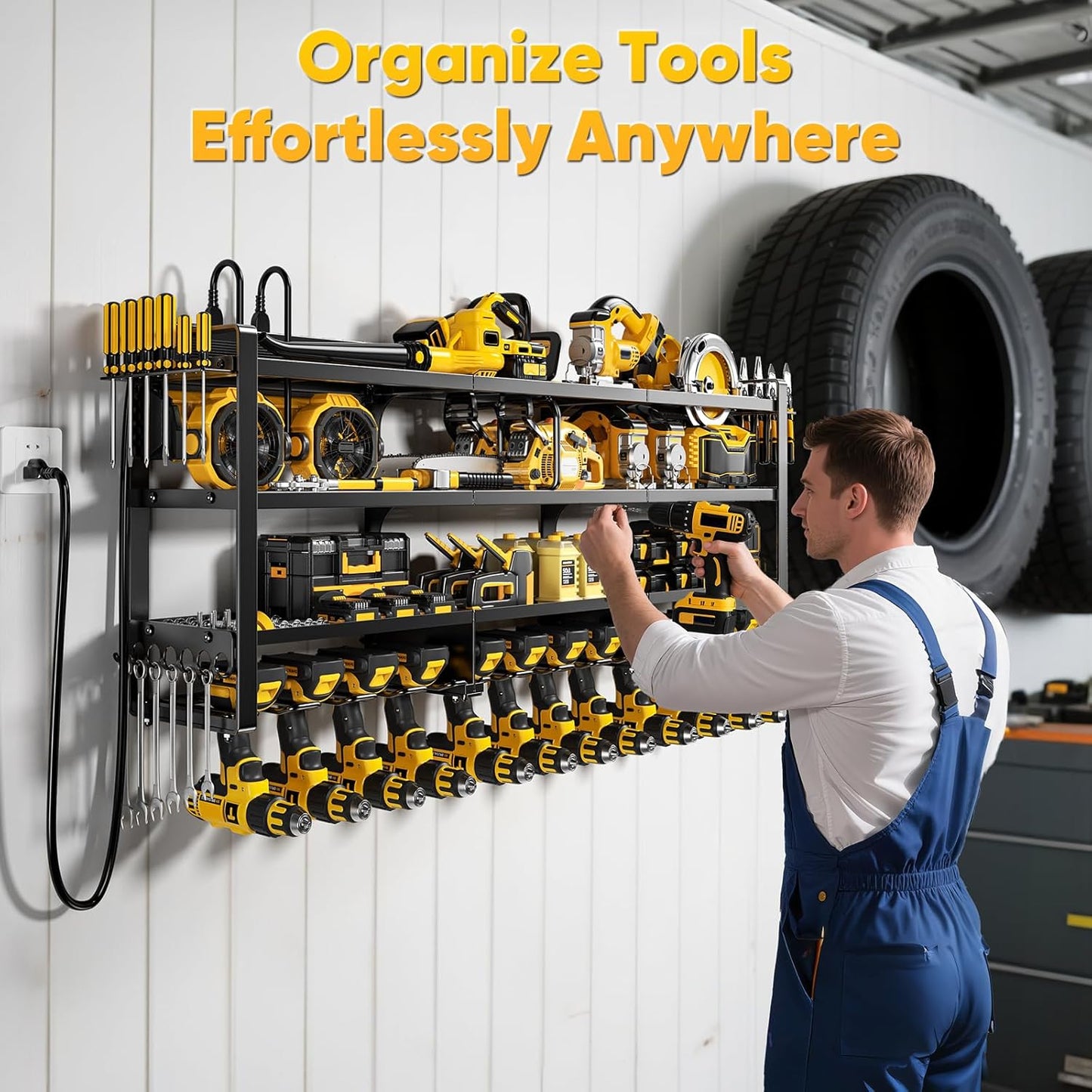 49.5" W Large Power Tool Organizer Wall Mount with Charging Station, 4 Tier Heavy Duty 12 Cordless Drills Holder Load 800 lb, Tool Battery Storage Rack Built in 8 Outlet Power Strip for Garage