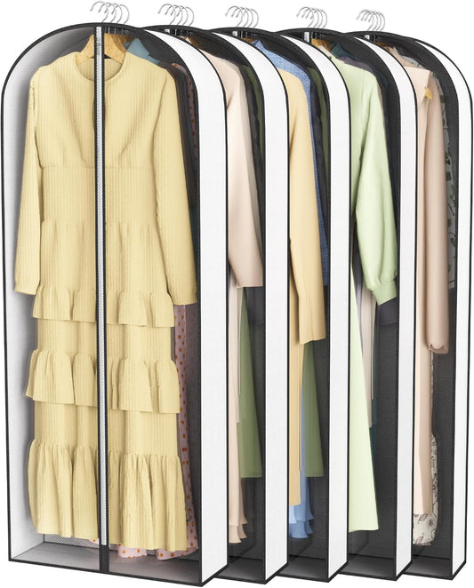 60” Garment Bags for Hanging Clothes 4” Gusseted - with Clear Window, Breathable Fabric, Metal Zipper, Suit Coat Long Dress Protector for Clothes Closet storage, Season Off, Moving, 5 Pack