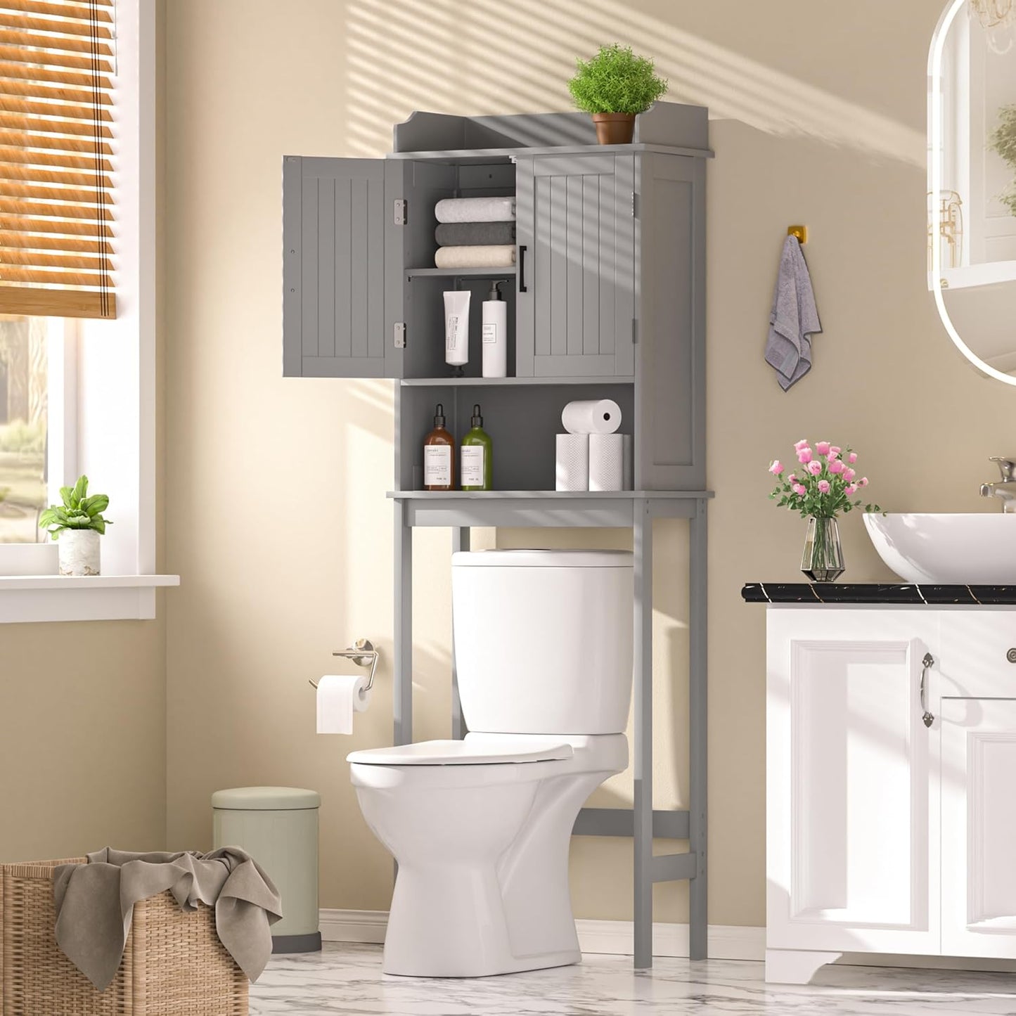 BlueWish Over The Toilet Cabinet, Bathroom Over Toilet Storage with Adjustable Shelves, Anti-toppling Design, Over Toilet Cabinet for Bathroom, Restroom, Laundry, Grey