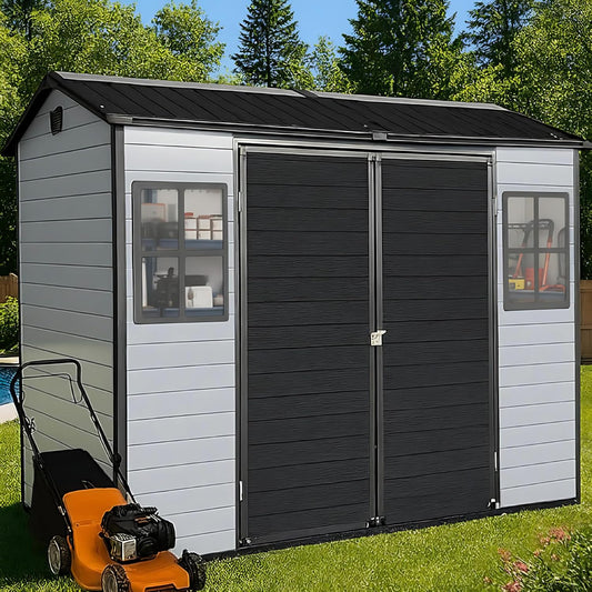 8x4ft Resin Outdoor Storage Shed with Floor and 2 Windows, Plastic Sheds & Outdoor Storage Clearance for GardenTools, Patio Furniture, Bike Accessories and Lawn Mower, Black+Grey
