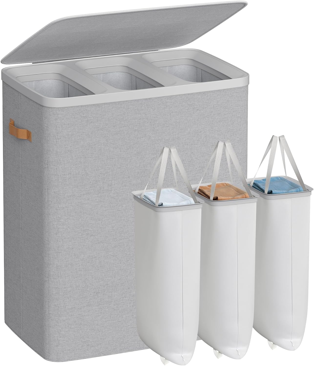 SONGMICS Laundry Basket, 50.2 Gal. Laundry Hamper, 3 Compartments, Easy Assembly, with Lid and Handles, Removable Liners, 25.2 x 15.7 x 29.5 Inches, Dove Gray ULCB814GD01