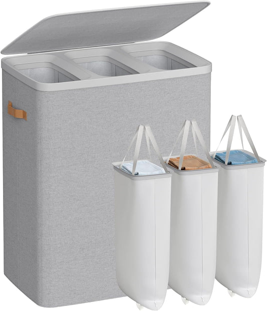 SONGMICS Laundry Basket, 50.2 Gal. Laundry Hamper, 3 Compartments, Easy Assembly, with Lid and Handles, Removable Liners, 25.2 x 15.7 x 29.5 Inches, Dove Gray ULCB814GD01