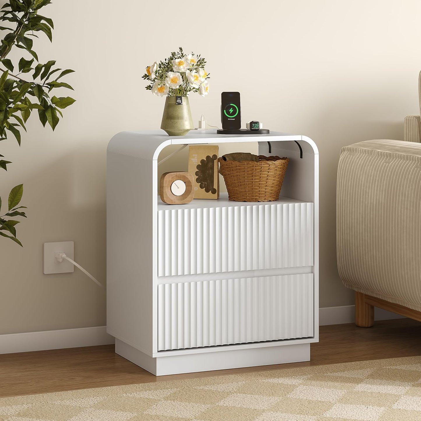 Dresser with 2 Drawers and Charging Station, Fluted Bedside Table with Round Curved Corner, Hidden Handles, 2 AC Outlets and 2 USB Ports, Modern Wood End Table with Open Shelf for Bedroom