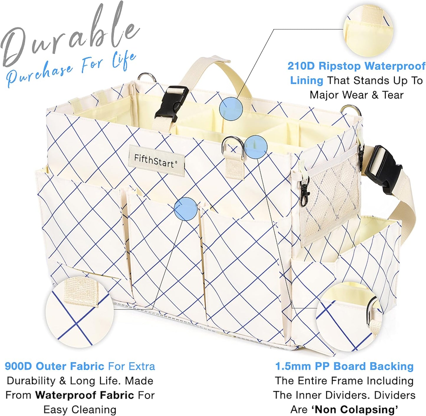 FifthStart Professional Cleaning Caddy - Heavy-Duty Organizer Tote with Adjustable Compartments, Mesh Base, 9 Pockets & Shoulder Strap for Cleaning Supplies (Blue Check, LArge)