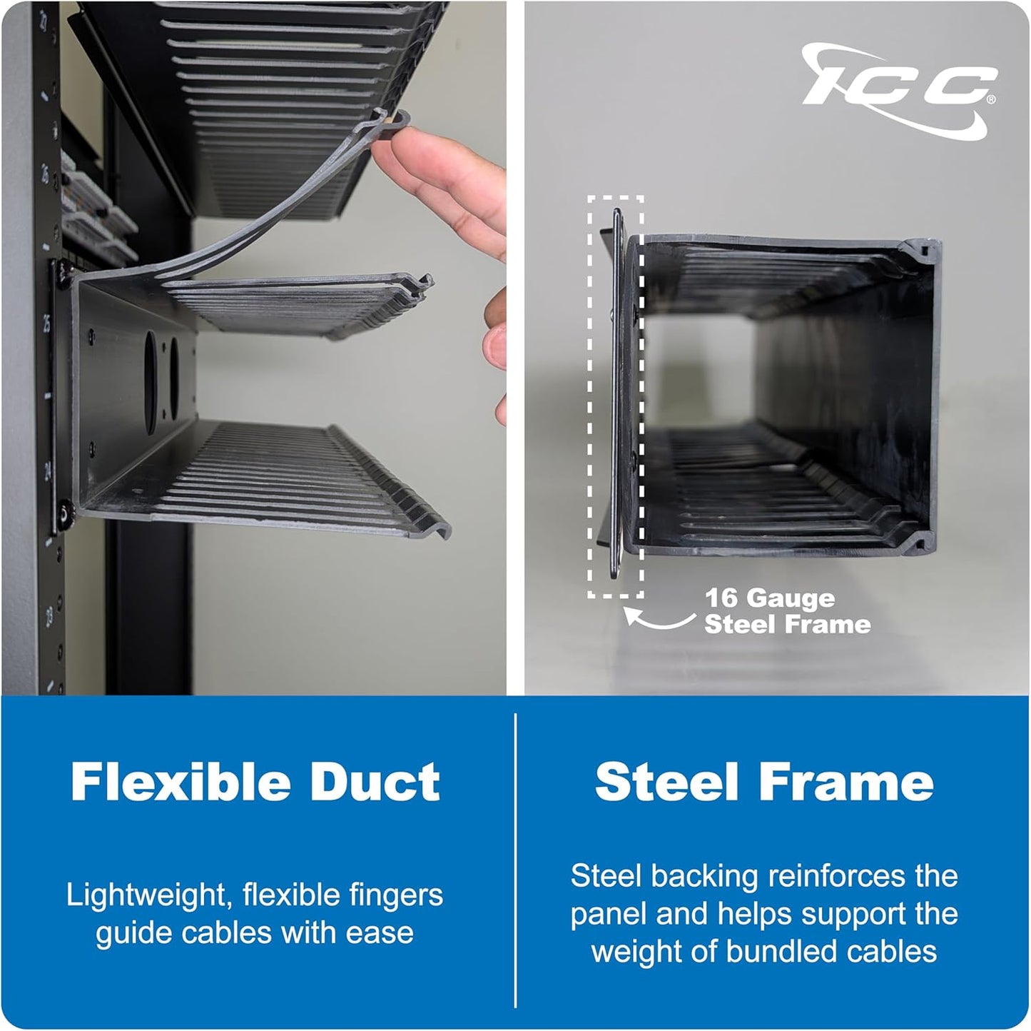 ICC 2U Finger Duct Cable Manager Panel with Cover, Plastic with Metal Back Frame, 5" Depth, Horizontal Cable Management, Rackmount for 19” Network Racks, Black, Single Pack
