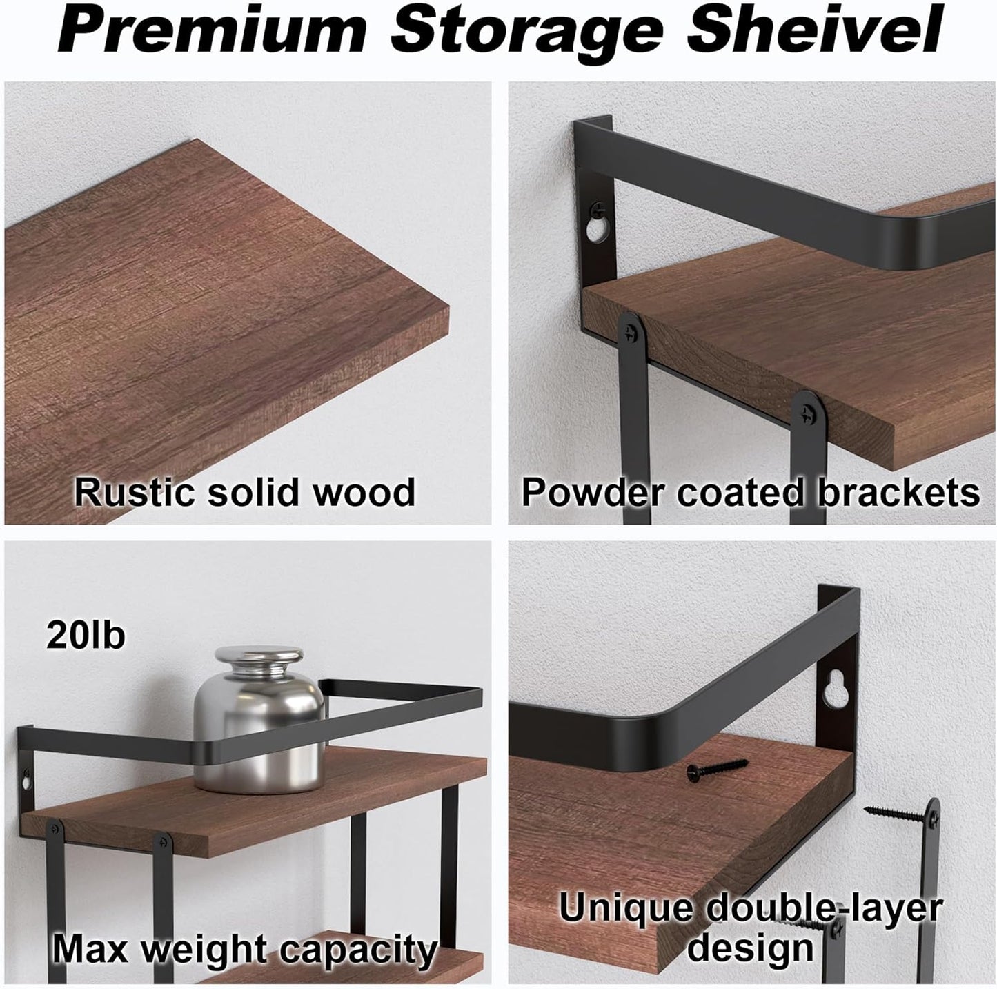 RICHER HOUSE 3+1 Tier Wall Mounted Floating Shelves Set of 2, Rustic Wood Wall Shelf with Metal Frame, Extra Storage Rack for Bathroom, Kitchen, Bedroom with Tissue Rack & Towel Bar - Rustic Brown
