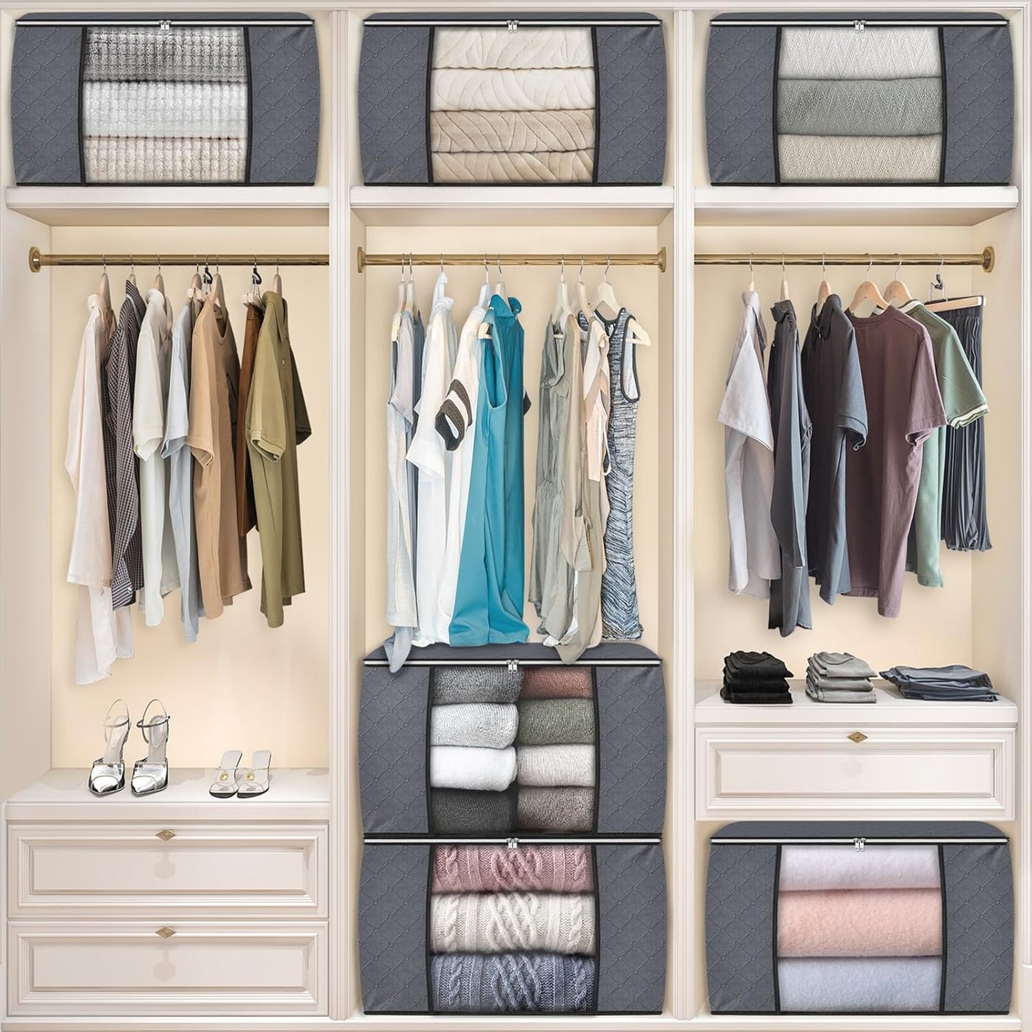 Fab totes 24 Gallons Clothes Storage, Foldable Thick Fabric Blanket Storage Bags, Containers for Organizing Bedroom, Closet, Clothing, Comforter, Organization with Handle (3 Pack,Grey)