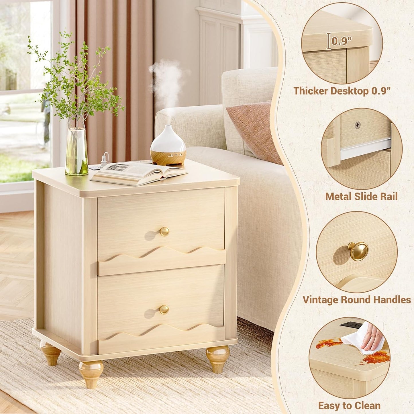 Cyclysio Nightstand Set of 2 with Charging Station, Side End Table with 2 Drawers, Modern Wood Night Stand Set 2 with Scalloped Pattern for Bedroom, Bedside Night Tables with Solid Wood Gourd Legs