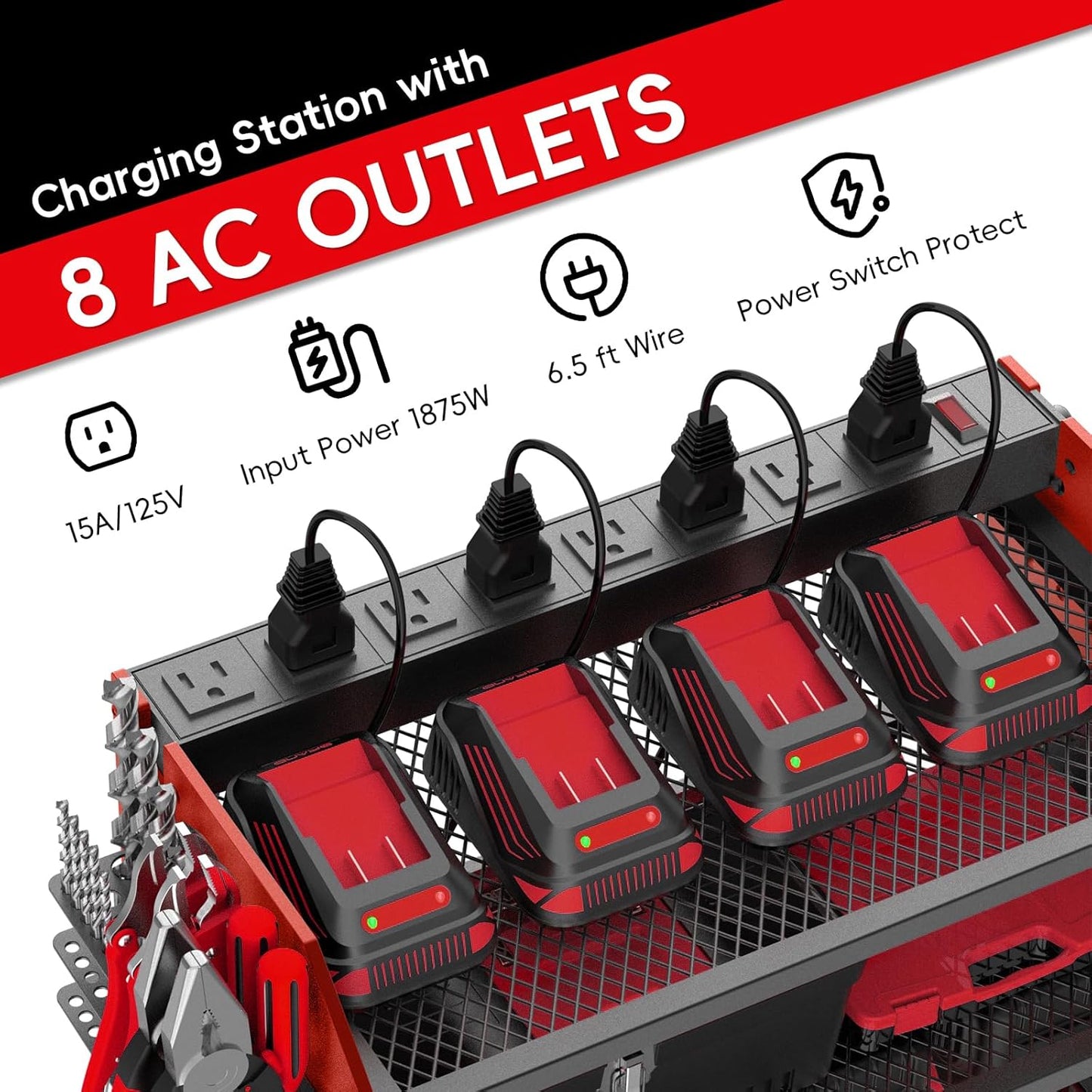 Power Tool Organizer Wall Mount with Charging Station, Drill Holder, Adjustable Layers, Heavy Duty Garage Tool Organizer Storage with 8 Outlet Power Strip, Christmas Gifts for Men, Dad, Husband