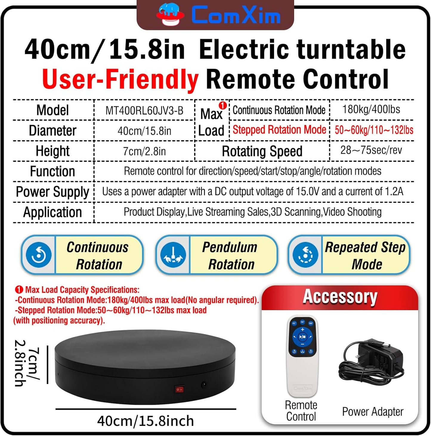 15.8In Remote Motorized Electric Turntable Rotating Display Stand Rotating Platform Photography Turntable motorized lazy susan base giratoria para for Photography,3D Scanner,(Load Range:132~400lbs)