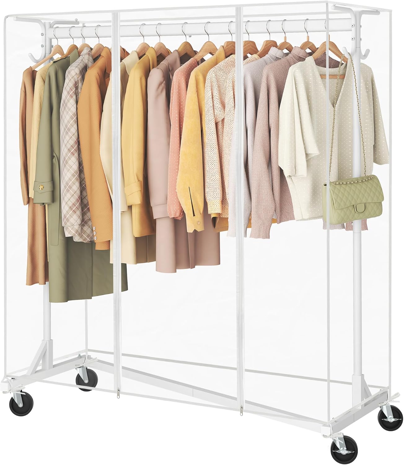 Hoctieon Z Clothes Rack with Cover, Metal Heavy Duty Clothing Rack, Rolling Garment Rack with Wheels, with Dustproof Cover Waterproof Protector, with 2 Durable Zippers, for Hanging Clothes, White