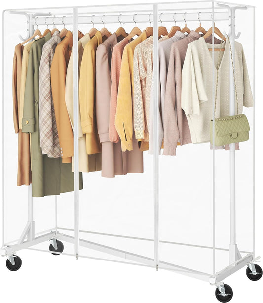 Hoctieon Z Clothes Rack with Cover, Metal Heavy Duty Clothing Rack, Rolling Garment Rack with Wheels, with Dustproof Cover Waterproof Protector, with 2 Durable Zippers, for Hanging Clothes, White