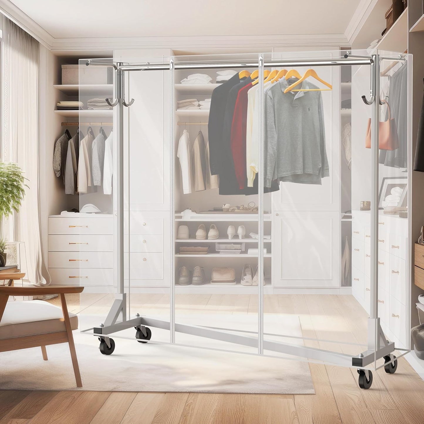 Simple Houseware Industrial Grade Z-Base Garment Rack, 500lb Load with 62" Extra Long bar w/Clear Cover and Tube Bracket