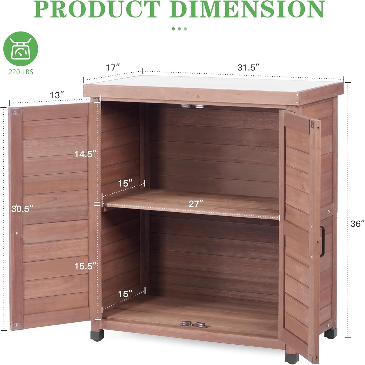 Outdoor Potting Bench with Storage Cabinet and Metal Top, Wood Workstation for Outdoor Patio, Garden (Coffee Brown, 31x17x36‘’)