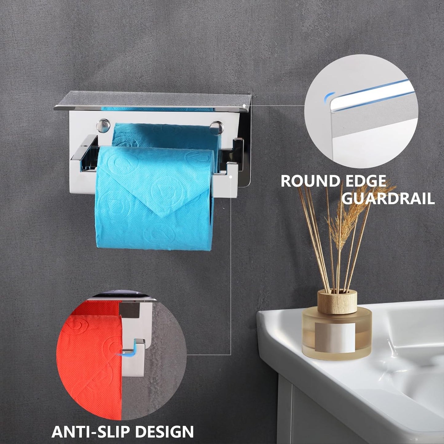 LANC Toilet Paper Holder with Shelf Silver Chrome Toilet Tissue Roll Holder with Wipes Shelf for Washroom Wall Mounted or Self-Adhesive Toilet Paper Roll Holder Stainless Steel, A8367CP