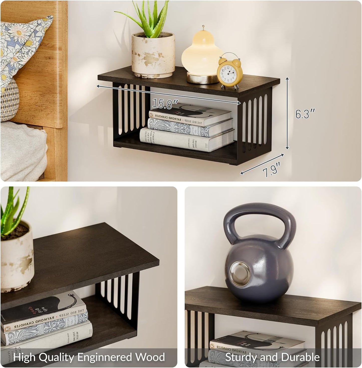 2-Tier Display Wall Shelves,16.8 Inch Floating Shelves Wall Mounted Set of 2,Floating Bookshelves Set of 2 for Living Room, Bathroom, Bedroom, Kitchen, Black