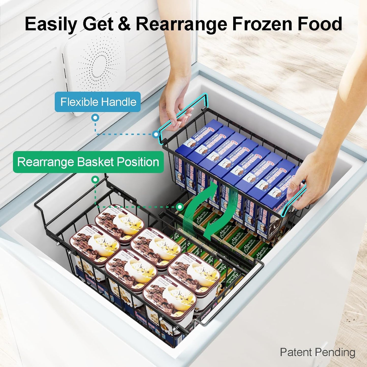 iSPECLE Freezer Organizer Bins - 15.8" to 18.1" Extendable Length Freezer Baskets for Chest Freezer for 7 Cu.Ft Deep Freezer, 2 Hanging Baskets and 4 Stackable Bins, 6 Pack Black