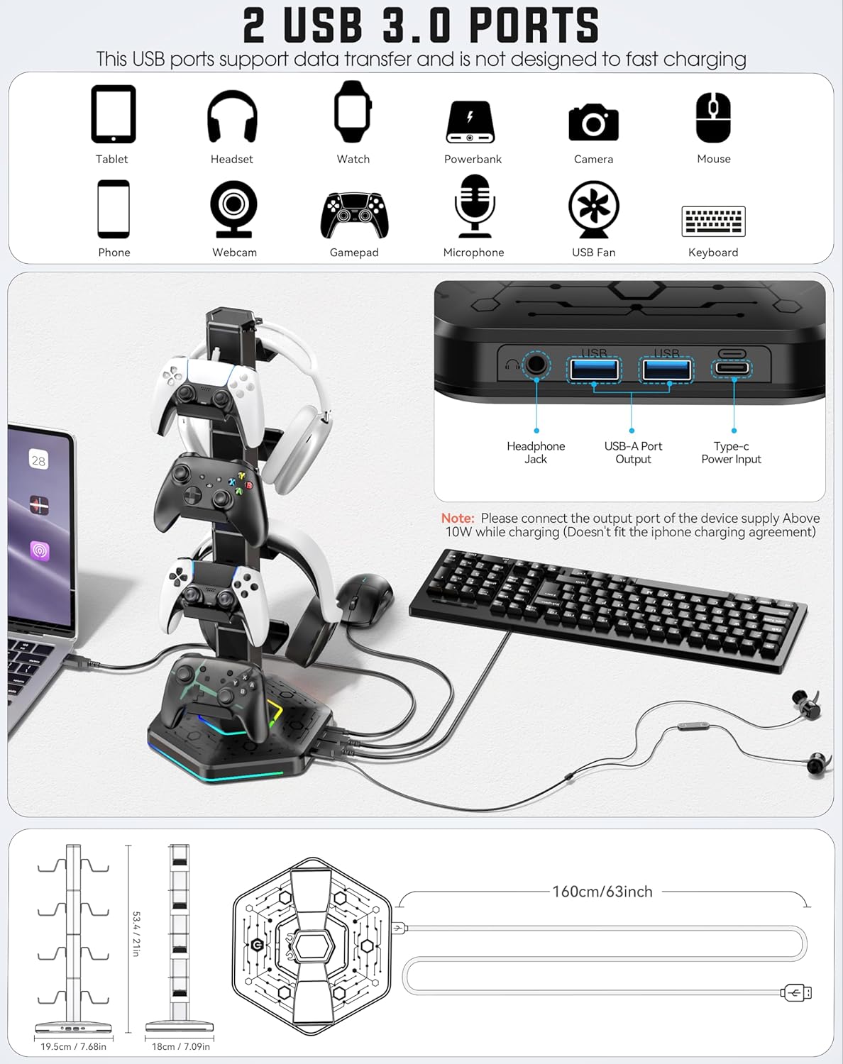 Kytok Headset And Controller RGB Stand for Xbox/ PS5/ PS4 Controller, Headphone & Remote Holder for Desk with 9 RGB Lights & 2 USB 3.0 Ports, Gaming Organizers & Storage Accessories for Gaming Gift