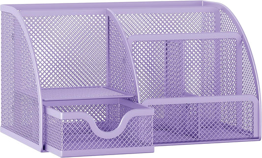 EasyPAG Mesh Desk Organizer with Drawer Multi-functional Pen Holder Stationery Organizer for Office School Supplies 6 Compartments Dorm Organizers and Storage for Desk, Light Purple