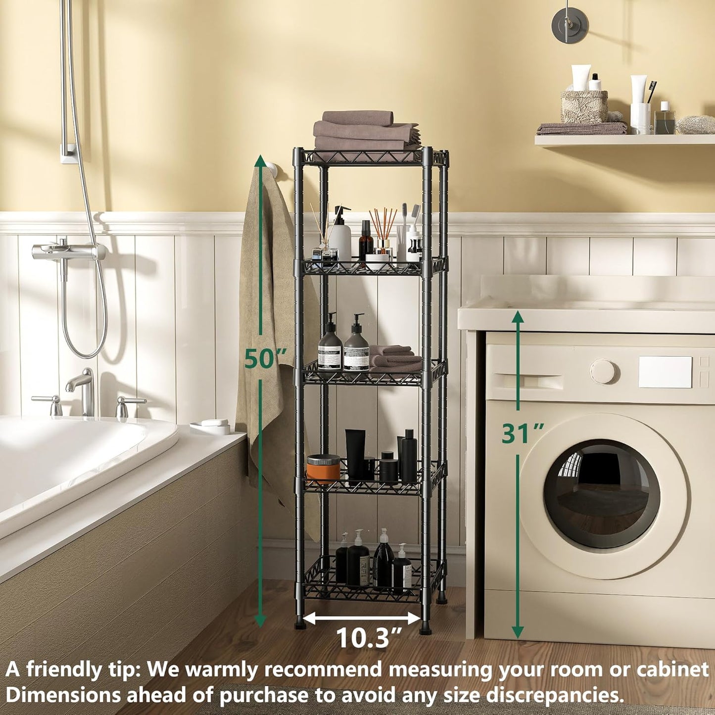GIOTORENT 5 Tier Standing Shelving Metal Units, Adjustable Height Wire Shelf Display Rack for Laundry Bathroom Kitchen 11.8 W x 11.8 D x 50 H (5-Tier, Black)