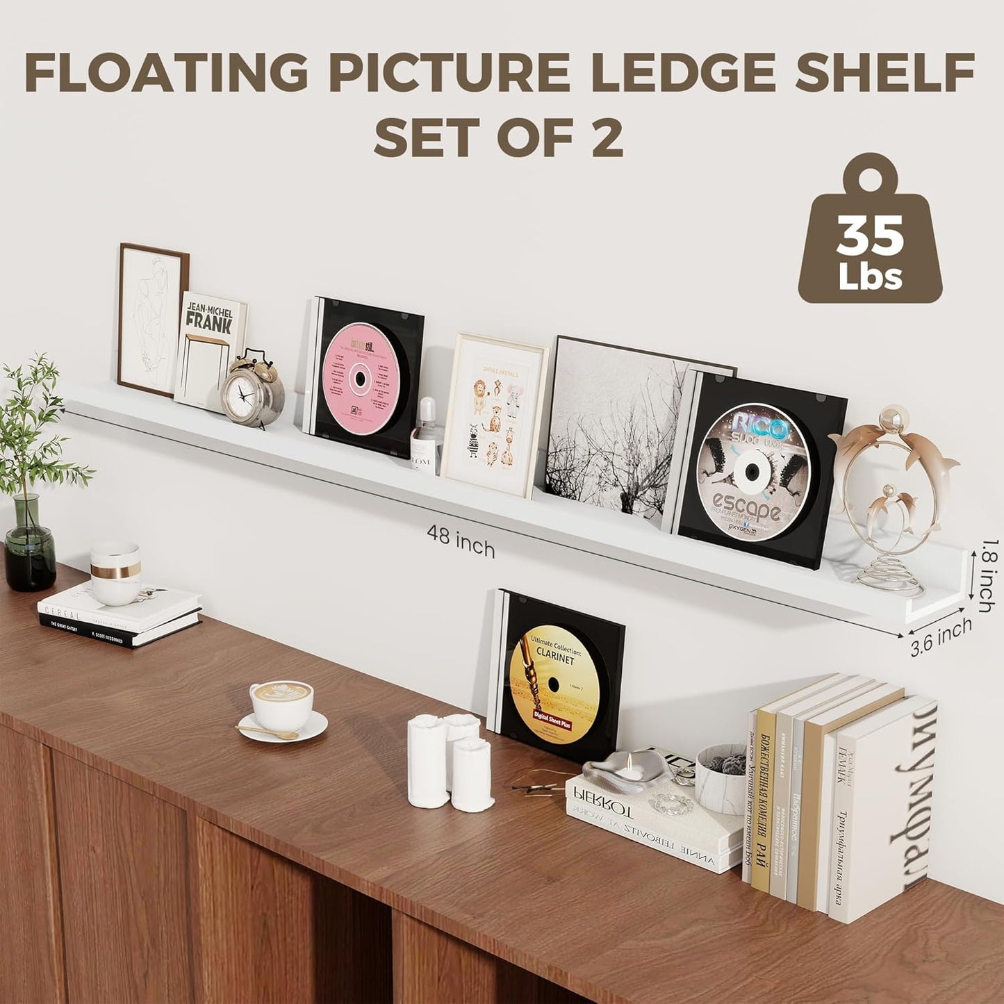Axeman 48 Inch White Floating Shelves for Wall | Picture Ledge Shelf Set of 2 | Rustic Picture Shelf for Wall with Ledge | Floating Shelves with Lip | Photo Ledge Shelves for Books Album Records