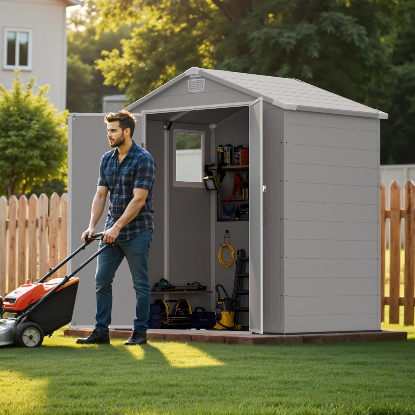 Greesum 6x4FT Plastic Outdoor Storage Shed with Floor, Resin Sheds with Lockable Double Door, All-Weather Tool Sheds with Window and Vents, for Garden, Backyard, Patio, Light Gray