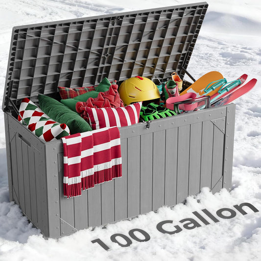 100 Gallon Outdoor Storage Box, Weatherproof Deck Box for Patio Cushions, Throw Pillows, Garden Tools, Lockable Resin Large Outdoor Storage Bench for Yard, Porch, or Balcony