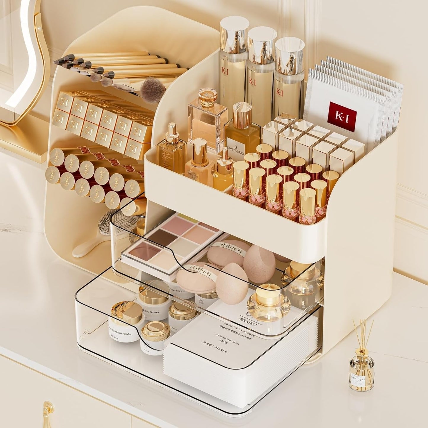 Makeup Organizer with Drawers,Large Capacity Countertop Organizer for Vanity,Bathroom and Bedroom Desk Cosmetics Organizer,Easy To Storage Skincare,Brushes, Eyeshadow,Lipstick (All Cream, Large)