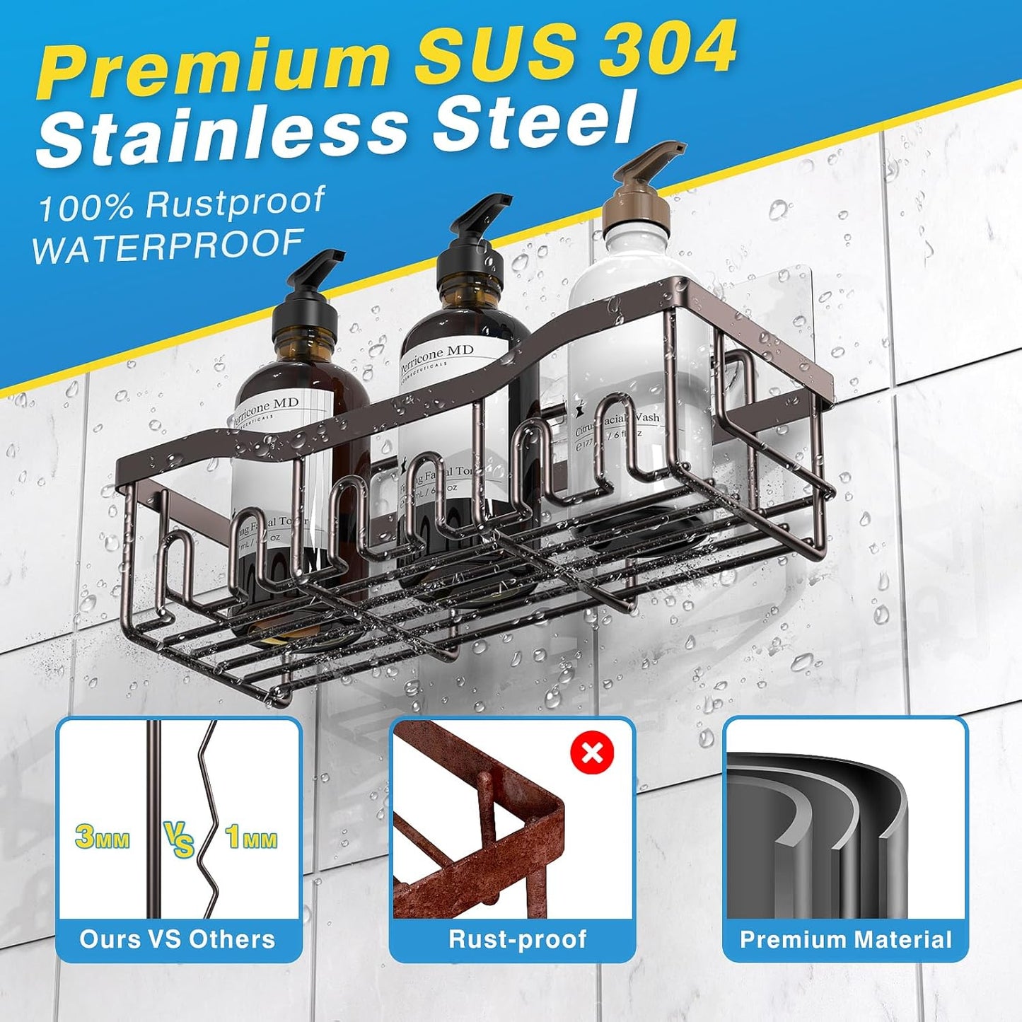 EUDELE Shower Caddy 2 Pack, Adhesive Organizer for Bathroom Storage&Home Decor&Kitchen organizers and storage, No Drilling, Large Capacity, Rustproof Stainless Steel Organizer, Decor Sets
