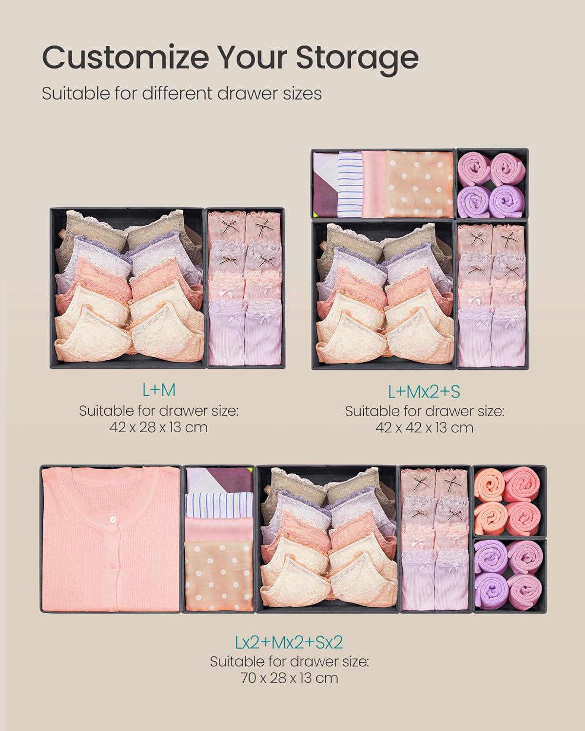 SONGMICS Drawer Organizer, Dresser Drawer Organizers, Set of 6, Foldable Fabric Storage Bins for Socks, Underwear, Bras, Ties, Scarves, Slate Gray URDZ06G