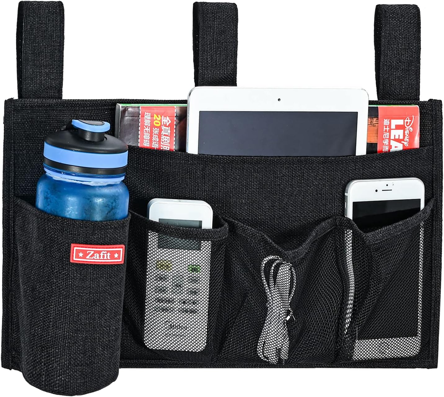 Linen Bedside Caddy, Bedside Storage Organizer for Hospital Beds, College Dorm Rooms or Baby Bed (5 Pockets-Black)