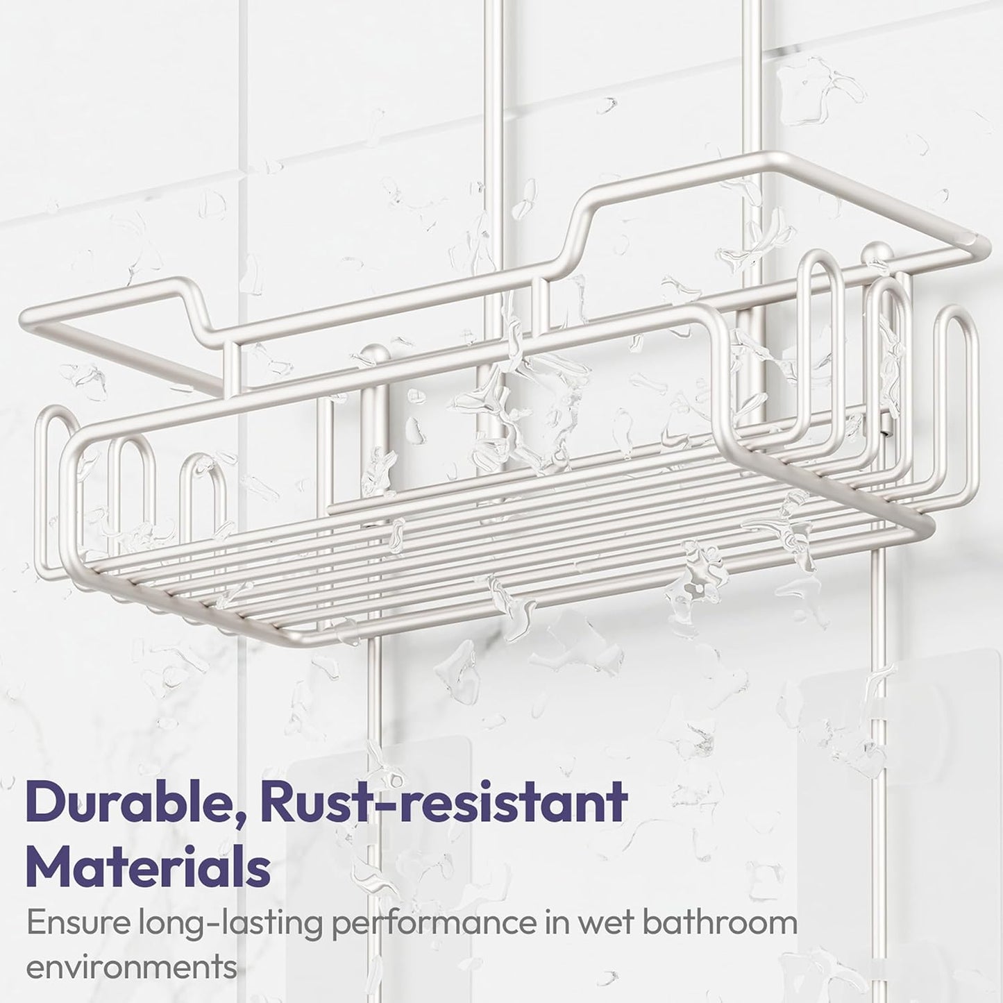 SWTYMIKI Bathroom Shower Caddy Hanging - Extended Length 2 Tier Rustproof Over Shower Head Organizer, No Drilling Bathroom Shelf with 14 Hooks & Soap Holder, Anti-Swing Rack, Sand Nickel