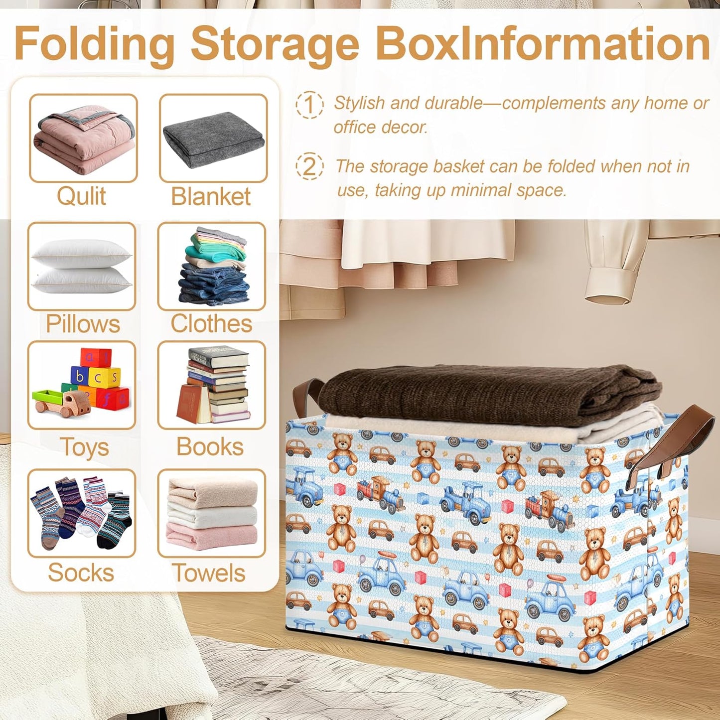 32L Large Storage Bins with Handles, Basket Organizer for Shelves, Closet, Books, Laundry & Home Decor (Cute Bear Car)