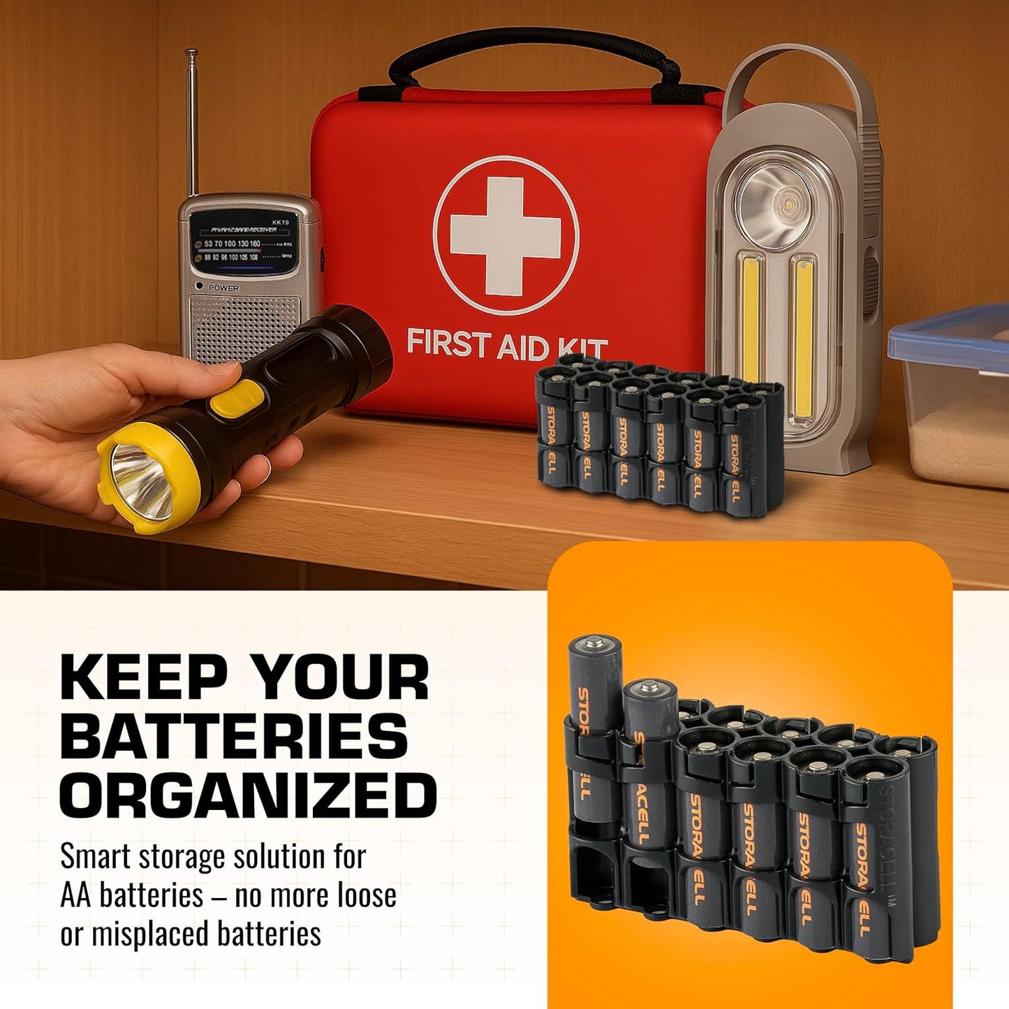 AA Battery Storage Caddy by Storacell, Black, Holds 12 Batteries (Not included)