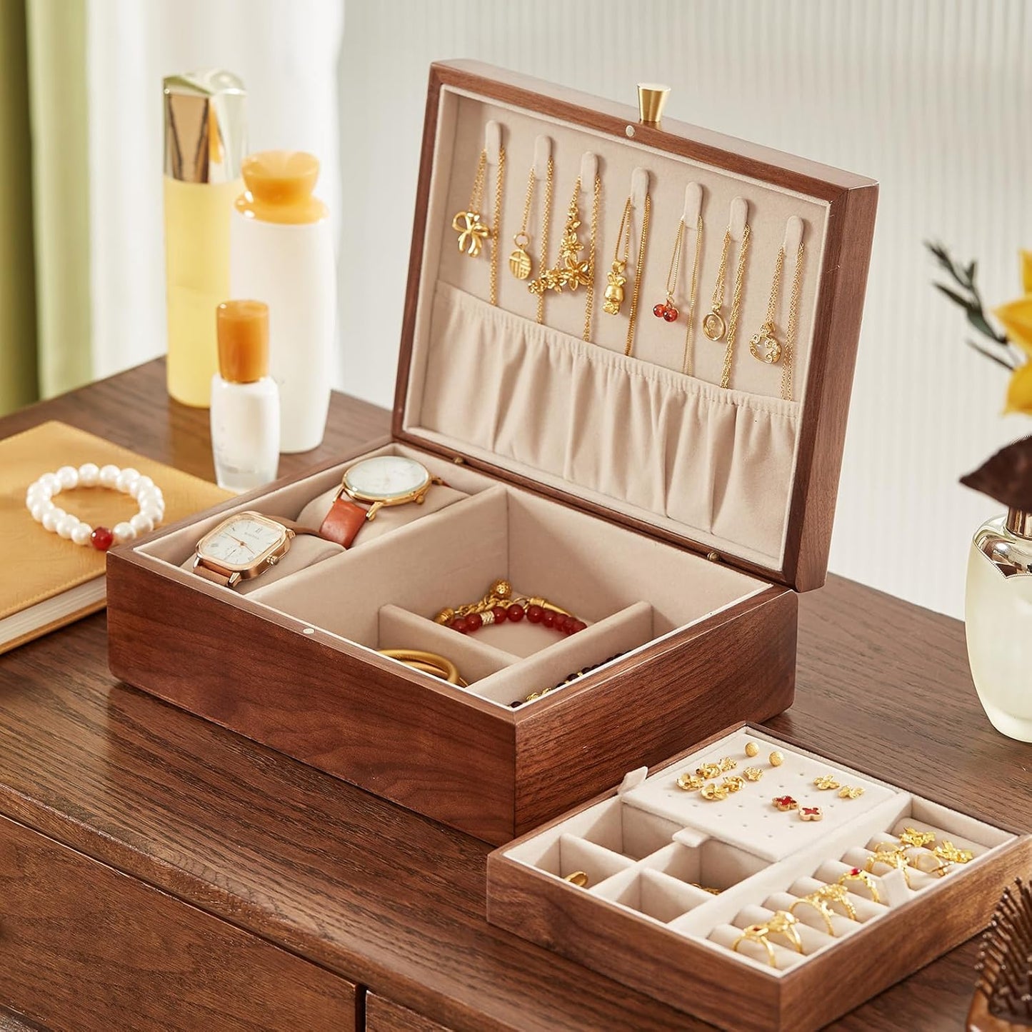 CHOSIN Black Walnut Wooden Jewelry Box for Women 2 Layer Jewelry Organizer with Removable Tray for Watches Rings Earrings Necklace Bracelets Storage Christmas Gifts