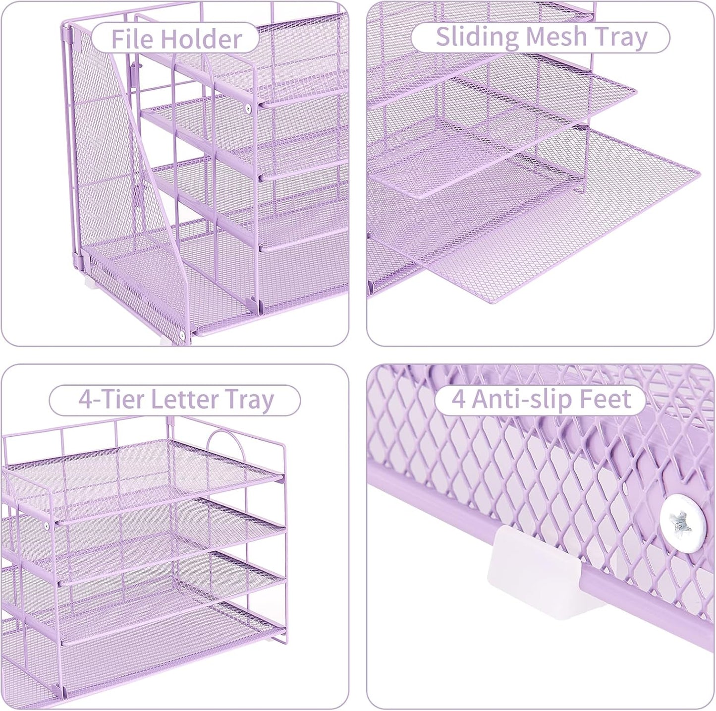 OPNICE 4-Tier Paper Organizer with Magazine Holder, Desk Organizers and Accessories, Office Desk Accessories & Workspace Organizers, Desktop File Organizer for Office Supplies Storage, Purple