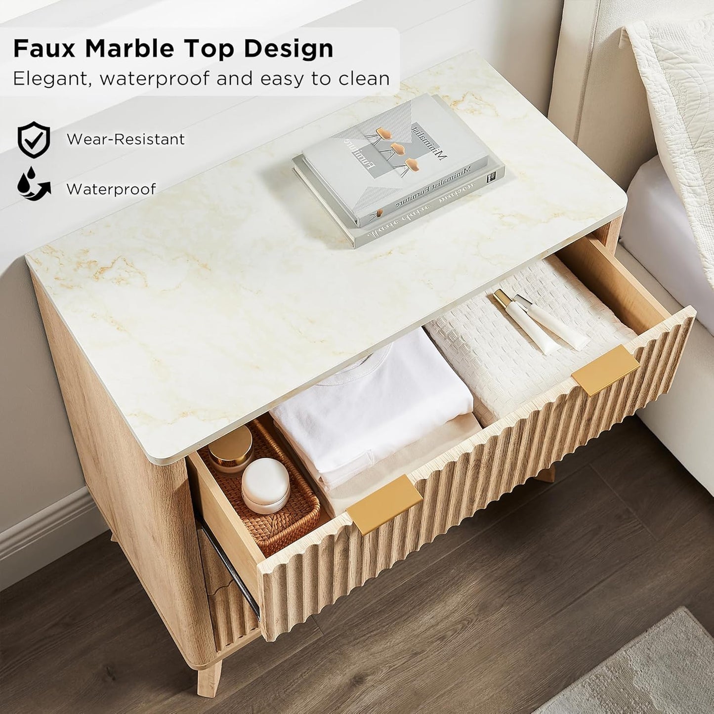 T4TREAM Fluted 3 Drawers Nightstand, Oversized Extra Large Modern Side Table with Faux Marble Top, End Table Bedside for Bedroom, Living Room, Curved Profile Design, Natural Oak