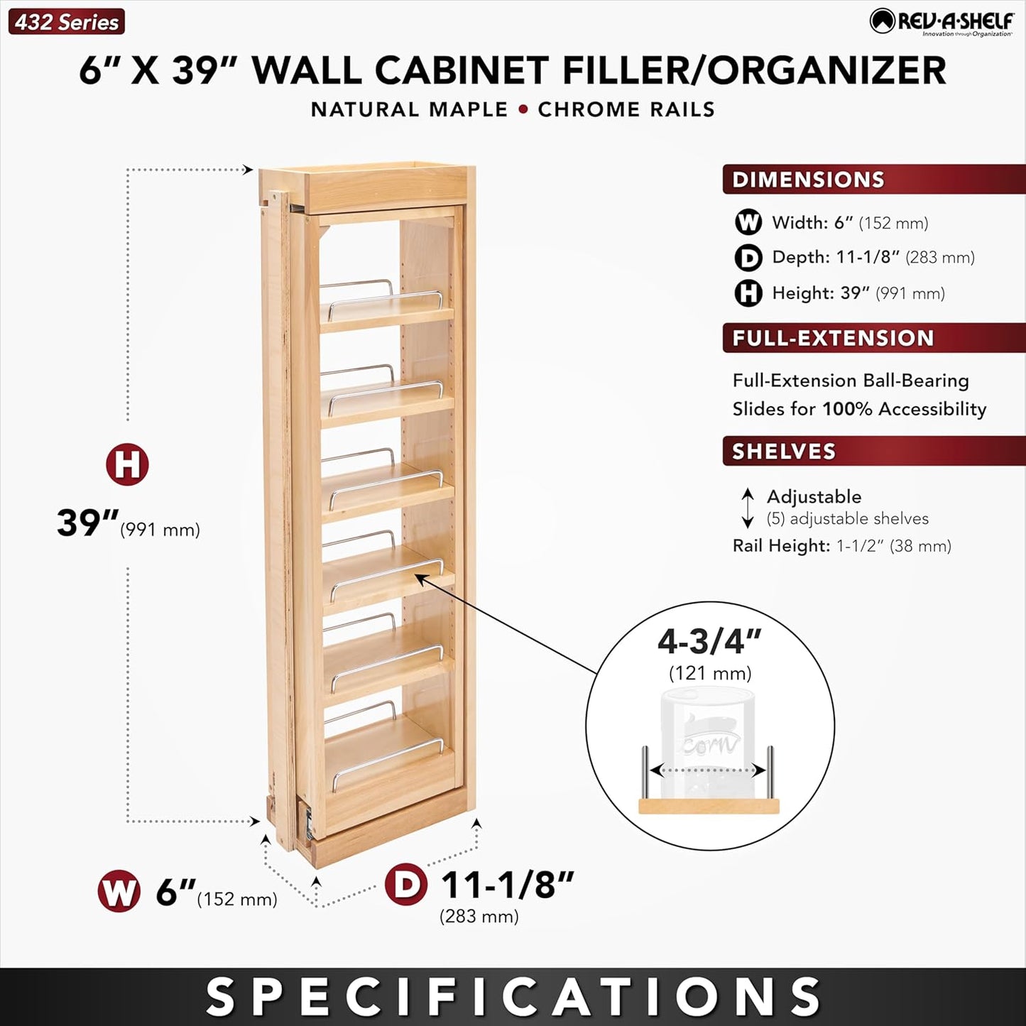 Rev-A-Shelf 6" W x 39" H Pull Out Quad Shelf Organizer for Wall & Base Kitchen Cabinets, Full Extension Filler Spice Rack, Adjustable, Wood, 432-WF39-6C
