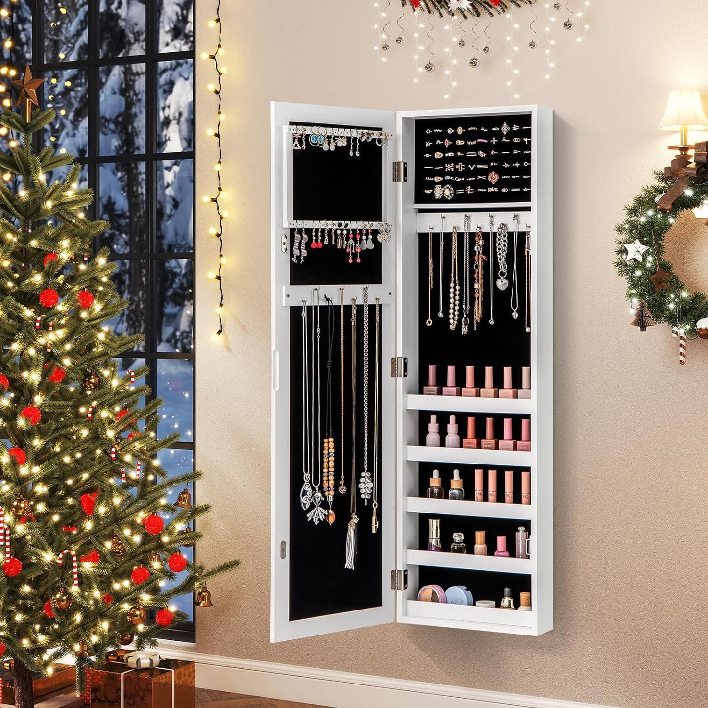 Giantex Jewelry Armoire with Full Length Mirror, Wall and Door Mounted Jewelry Cabinet Organizer with Magnetic Door, Large Storage for Earrings, Rings, Necklaces & Accessories, White