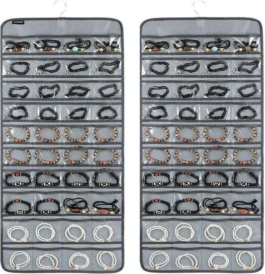 80 Pockets Hanging Jewelry Organizer for Holding Jewelries Dual-Sided Accessory Display Holder for Earrings Bracelets Rings (80 Pockets-Grey)